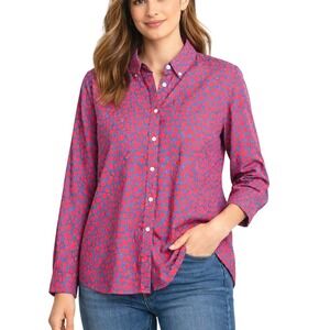 Gap Shrunken Boyfriend Shirt Womens XL Blue Red Leopard Print Cotton Button Down